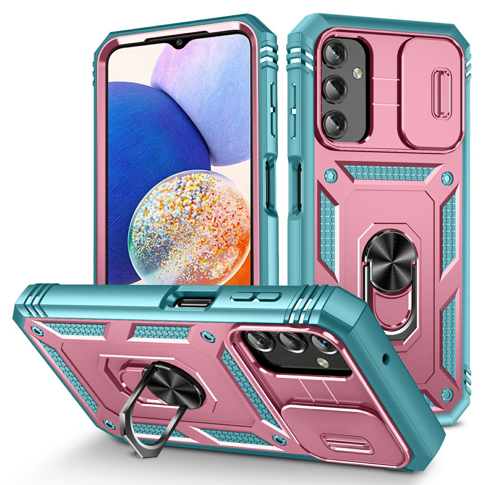 Shockproof Case for Samsung Galaxy A14 4G Kickstand PC TPU Cover with Card Slot, Lens Guard