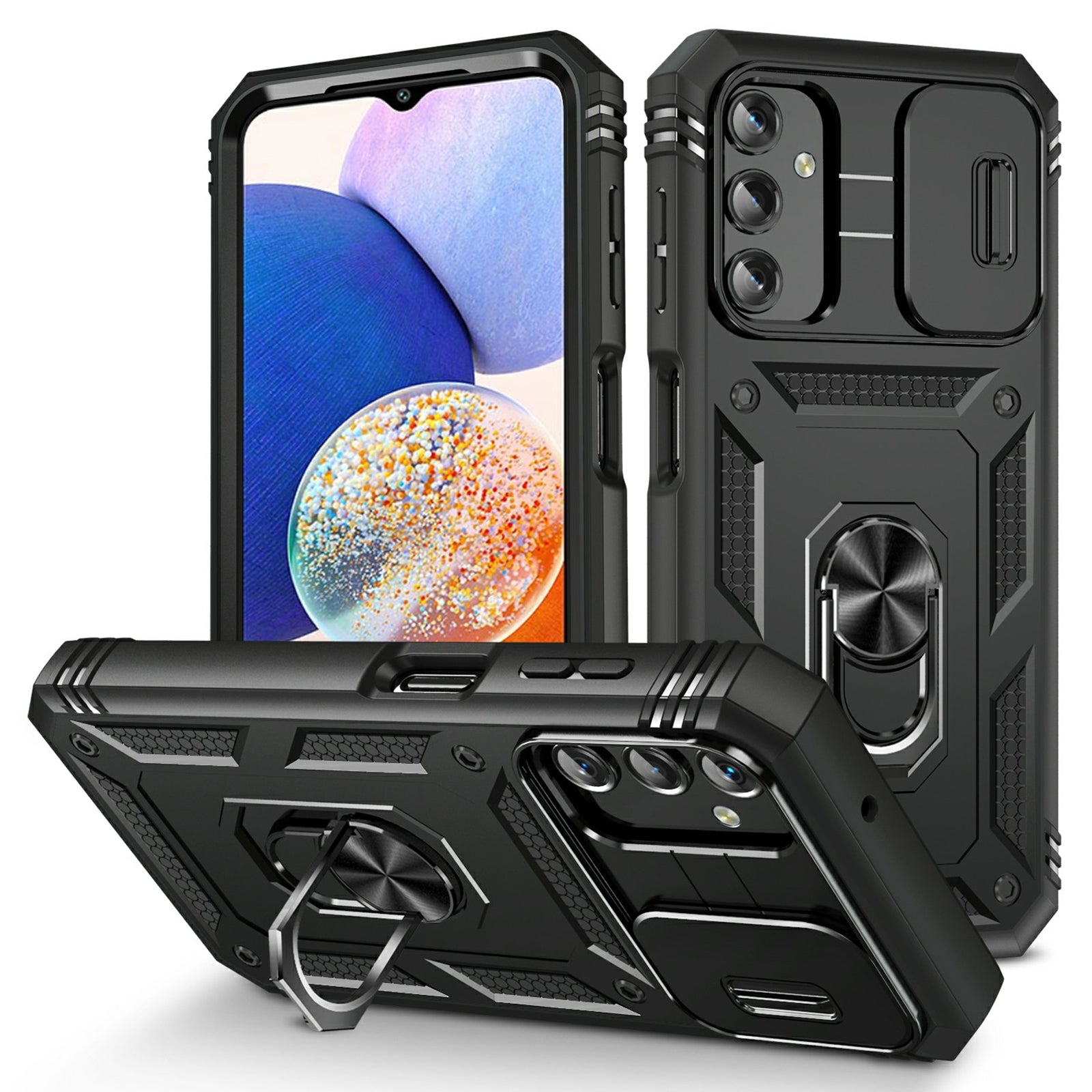 Shockproof Case for Samsung Galaxy A14 4G Kickstand PC TPU Cover with Card Slot, Lens Guard