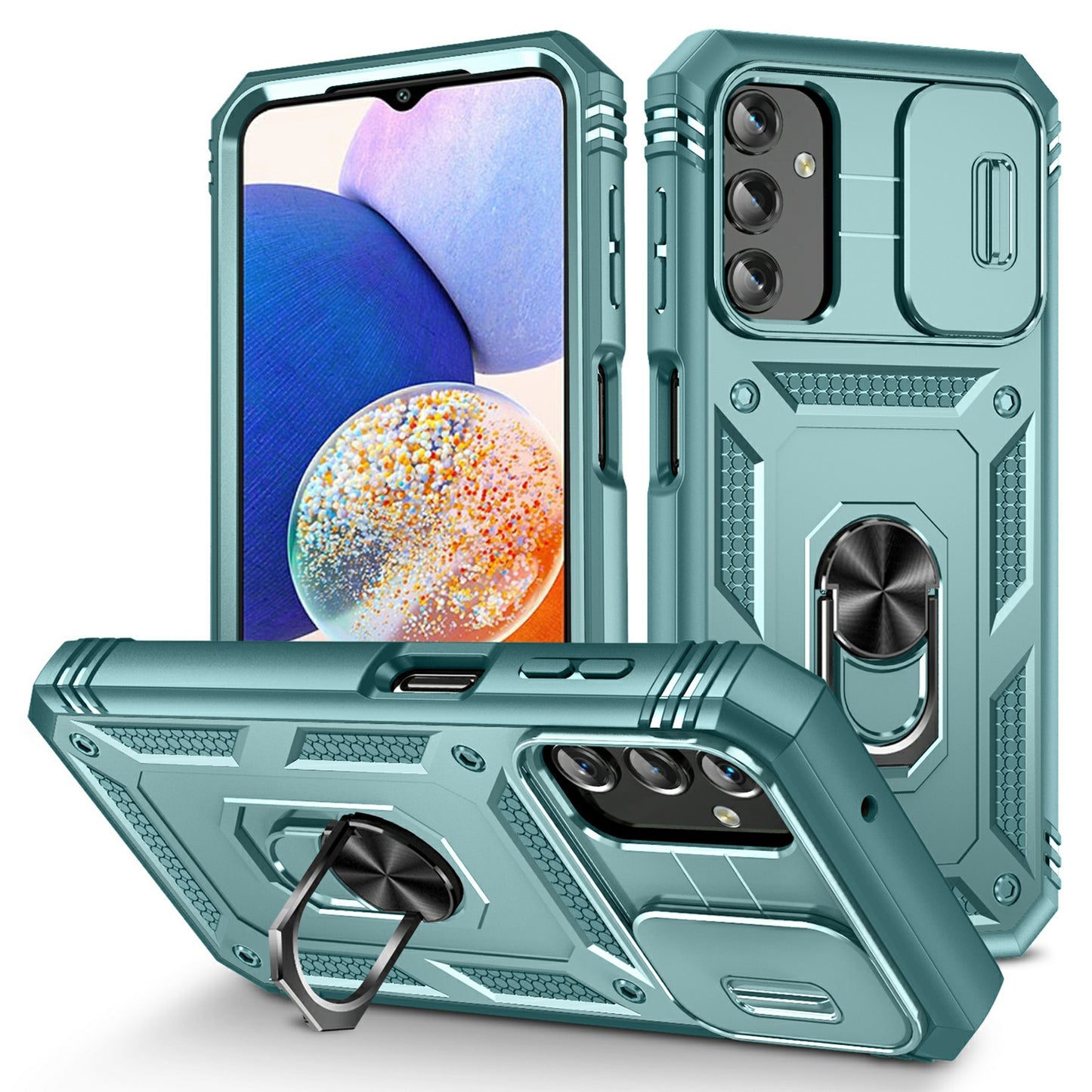 Shockproof Case for Samsung Galaxy A14 4G Kickstand PC TPU Cover with Card Slot, Lens Guard
