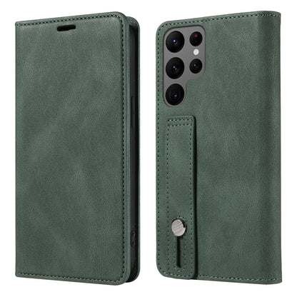 For Samsung Galaxy S23 Ultra Phone Cover Wristband Leather Phone Stand Case Wallet with Magnetic Closure