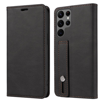 For Samsung Galaxy S23 Ultra Phone Cover Wristband Leather Phone Stand Case Wallet with Magnetic Closure