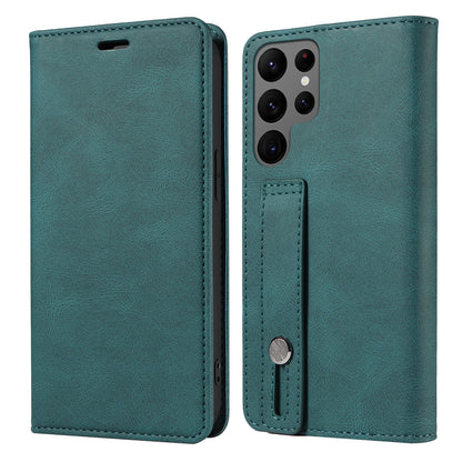 For Samsung Galaxy S23 Ultra Phone Cover Wristband Leather Phone Stand Case Wallet with Magnetic Closure