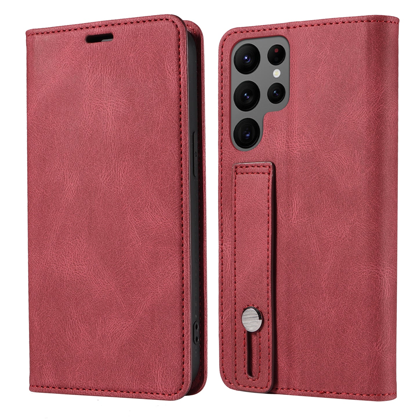 For Samsung Galaxy S23 Ultra Phone Cover Wristband Leather Phone Stand Case Wallet with Magnetic Closure