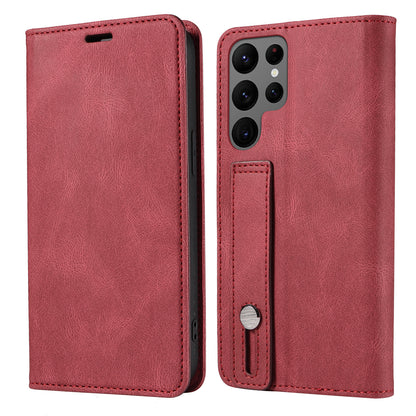 For Samsung Galaxy S23 Ultra Phone Cover Wristband Leather Phone Stand Case Wallet with Magnetic Closure