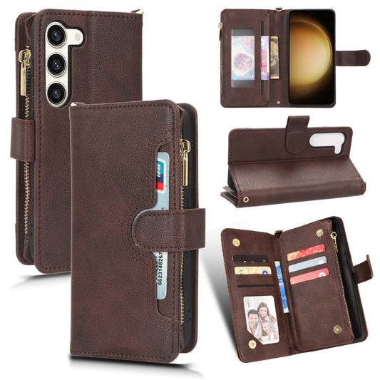 For Samsung Galaxy S23+ Anti-fall Wallet Zipper Pocket Phone Case Cellphone Cover with Strap
