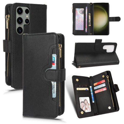 For Samsung Galaxy S23 Ultra Cellphone Cover, Wallet Zipper Pocket Phone Case with Strap
