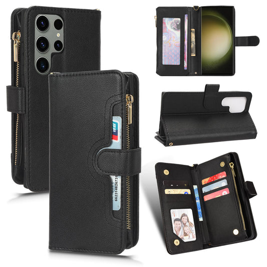 For Samsung Galaxy S23 Ultra Cellphone Cover, Wallet Zipper Pocket Phone Case with Strap