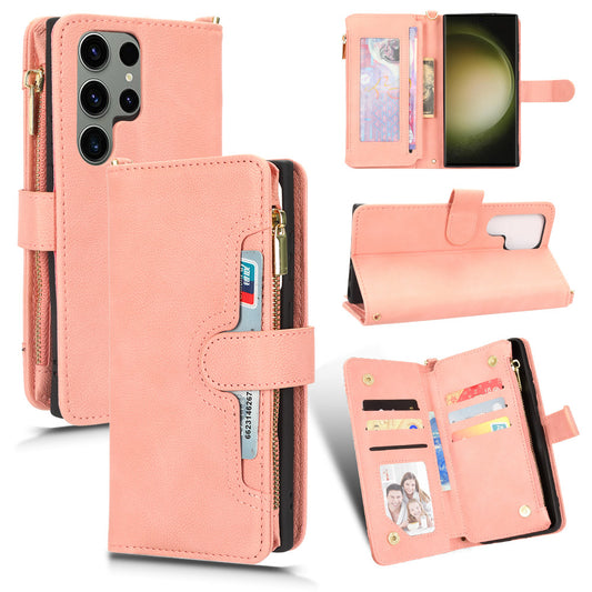 For Samsung Galaxy S23 Ultra Cellphone Cover, Wallet Zipper Pocket Phone Case with Strap