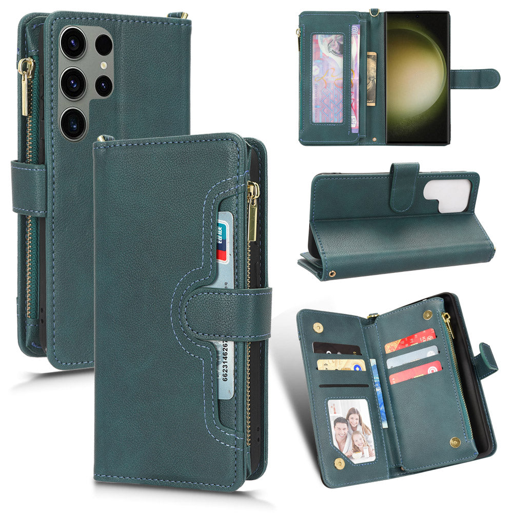 For Samsung Galaxy S23 Ultra Cellphone Cover, Wallet Zipper Pocket Phone Case with Strap