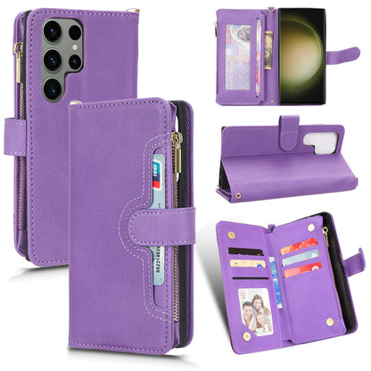 For Samsung Galaxy S23 Ultra Cellphone Cover, Wallet Zipper Pocket Phone Case with Strap
