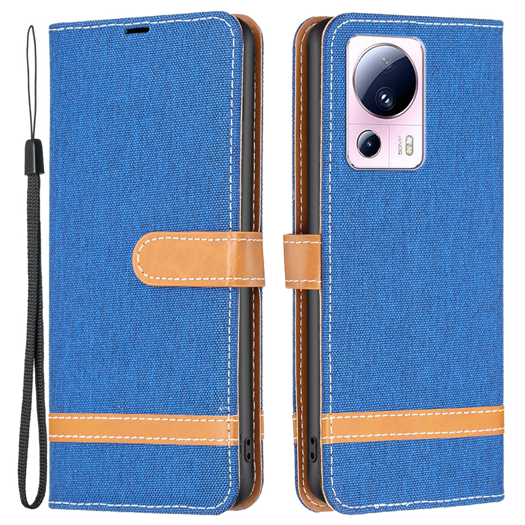 For Xiaomi 13 Lite / Civi 2 5G Jeans Cloth Splicing PU Leather Wallet Cover Anti-drop Flip Stand Phone Case