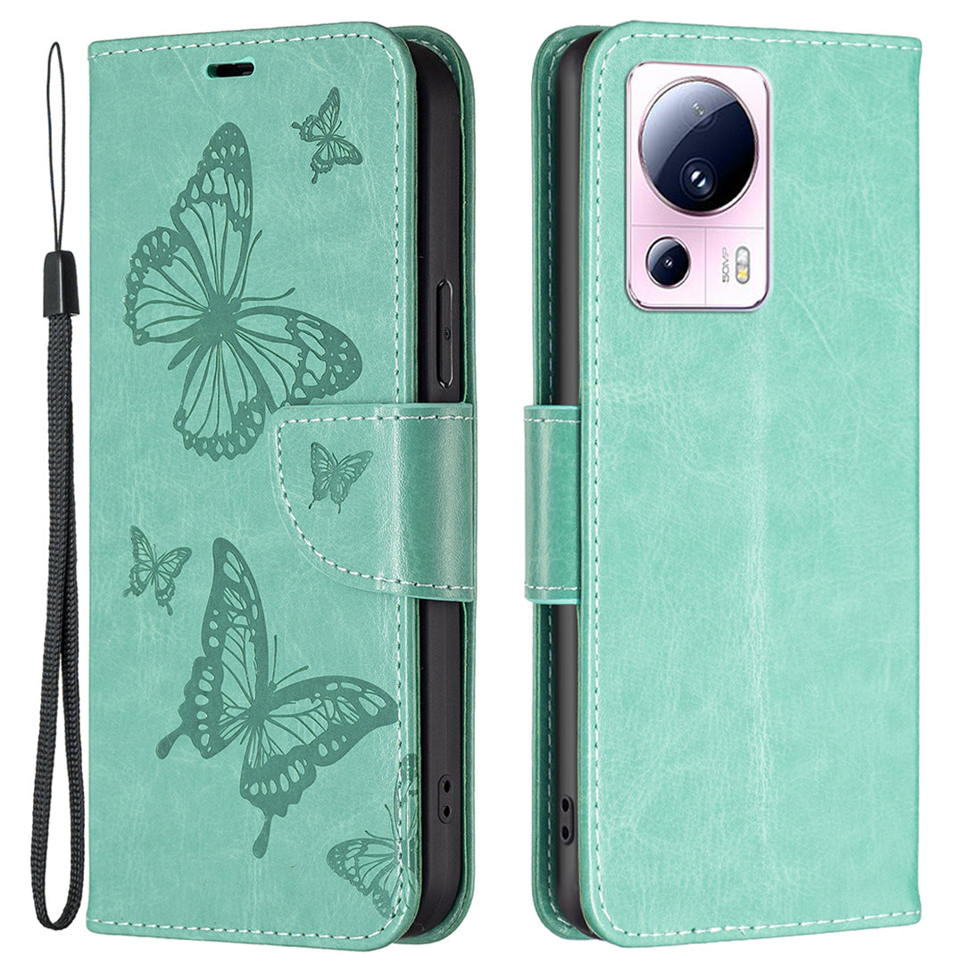 For Xiaomi 13 Lite / Civi 2 5G Phone Leather Case Wallet Stand Butterfly Imprinted Phone Cover with Strap