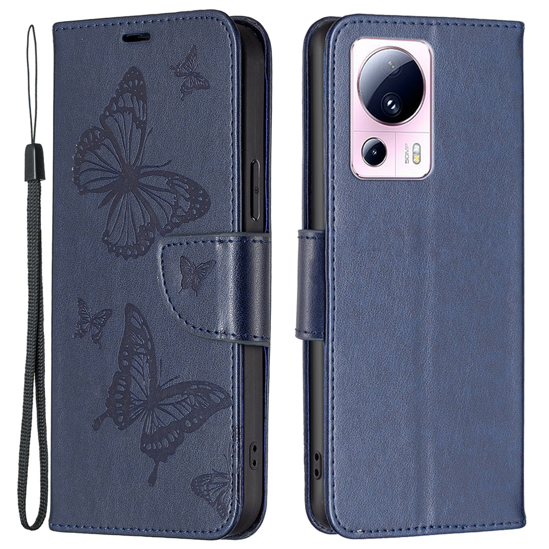 For Xiaomi 13 Lite / Civi 2 5G Phone Leather Case Wallet Stand Butterfly Imprinted Phone Cover with Strap