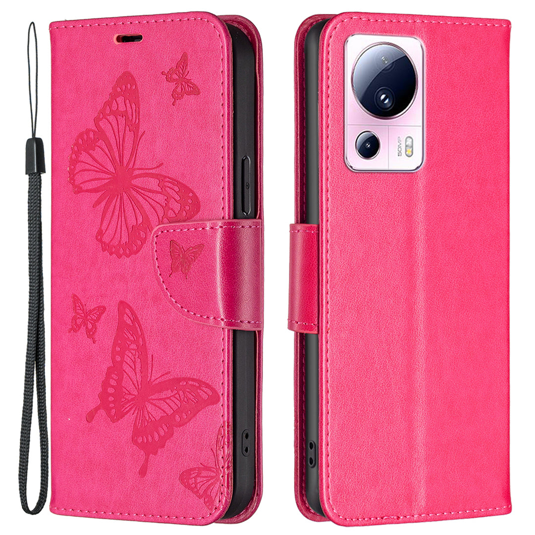 For Xiaomi 13 Lite / Civi 2 5G Phone Leather Case Wallet Stand Butterfly Imprinted Phone Cover with Strap