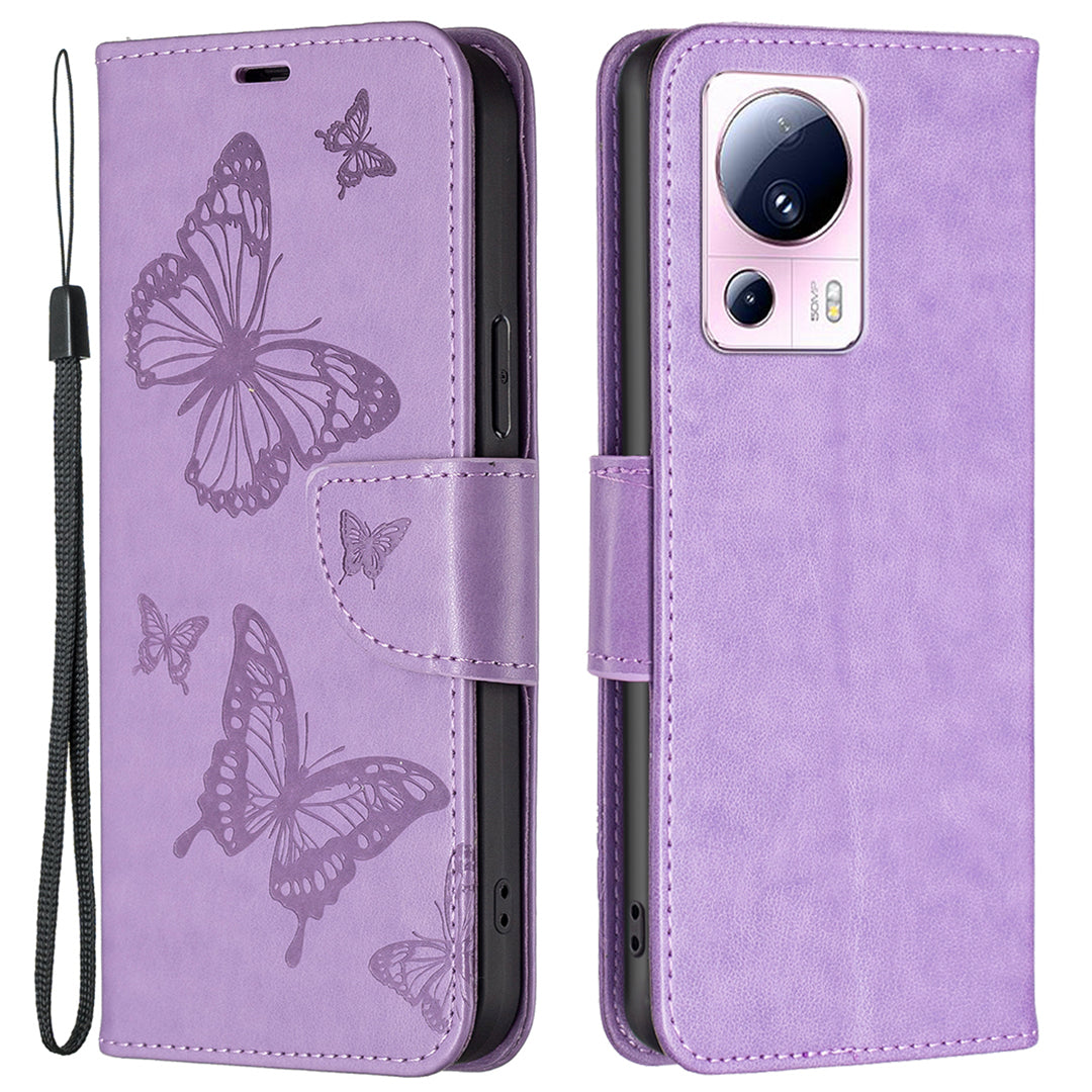For Xiaomi 13 Lite / Civi 2 5G Phone Leather Case Wallet Stand Butterfly Imprinted Phone Cover with Strap