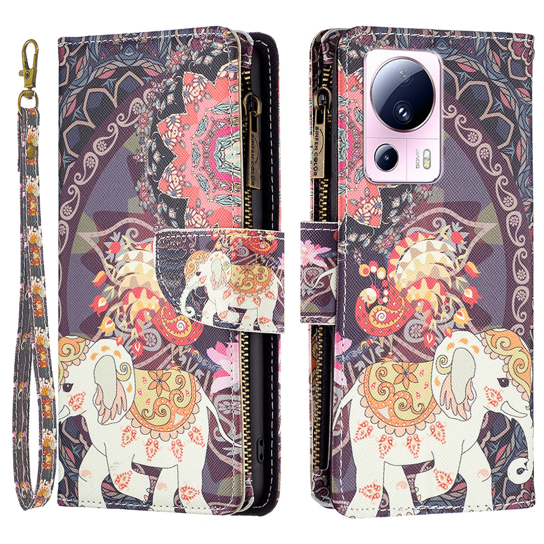 BF Pattern Printing Leather Series-4 For Xiaomi 13 Lite / Civi 2 5G Style-03 Zipper Wallet Phone Case PU Leather Stand Drop-proof Cover