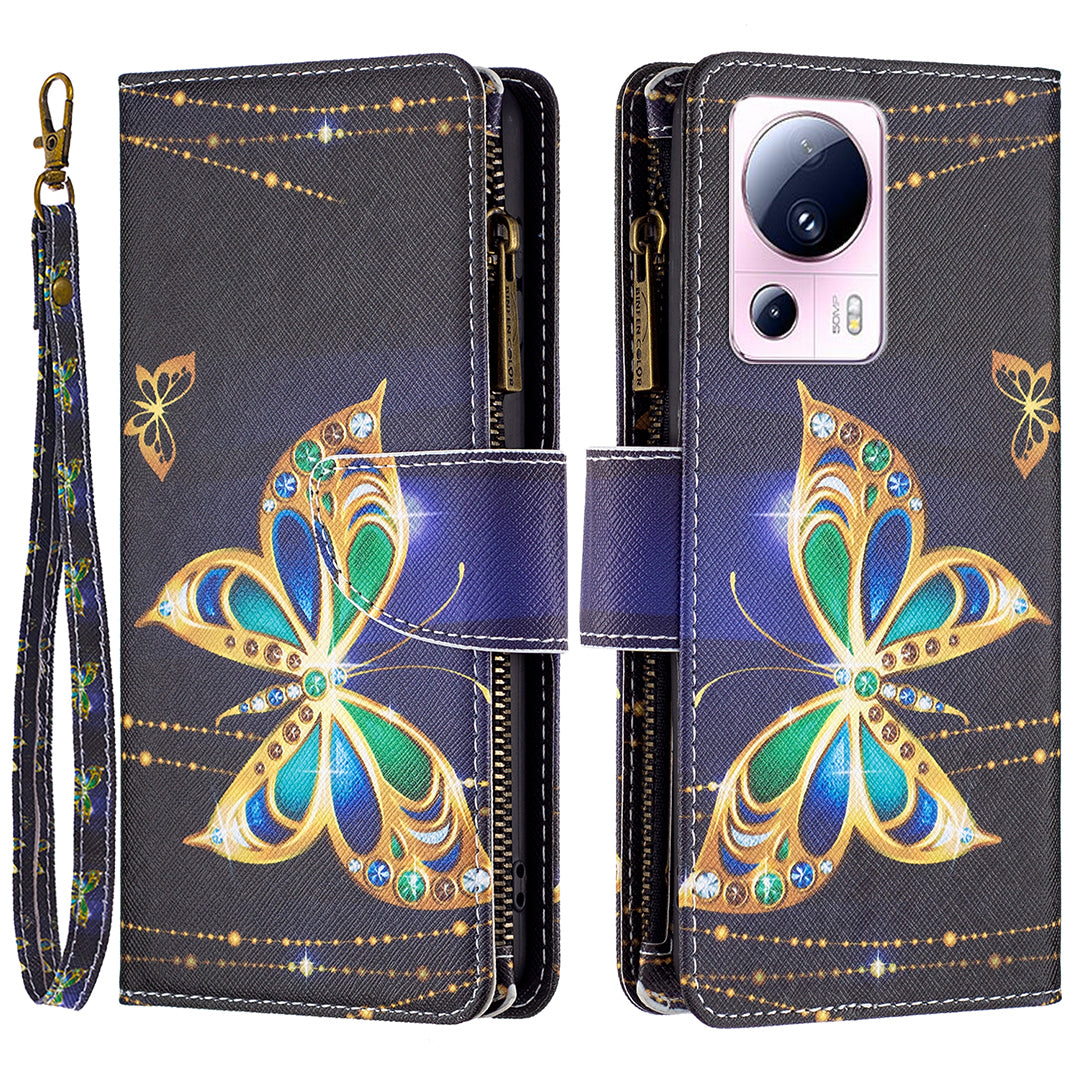BF Pattern Printing Leather Series-4 For Xiaomi 13 Lite / Civi 2 5G Style-03 Zipper Wallet Phone Case PU Leather Stand Drop-proof Cover