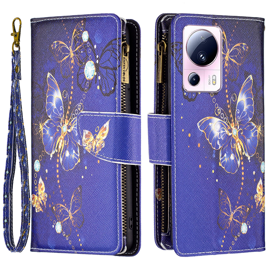 BF Pattern Printing Leather Series-4 For Xiaomi 13 Lite / Civi 2 5G Style-03 Zipper Wallet Phone Case PU Leather Stand Drop-proof Cover
