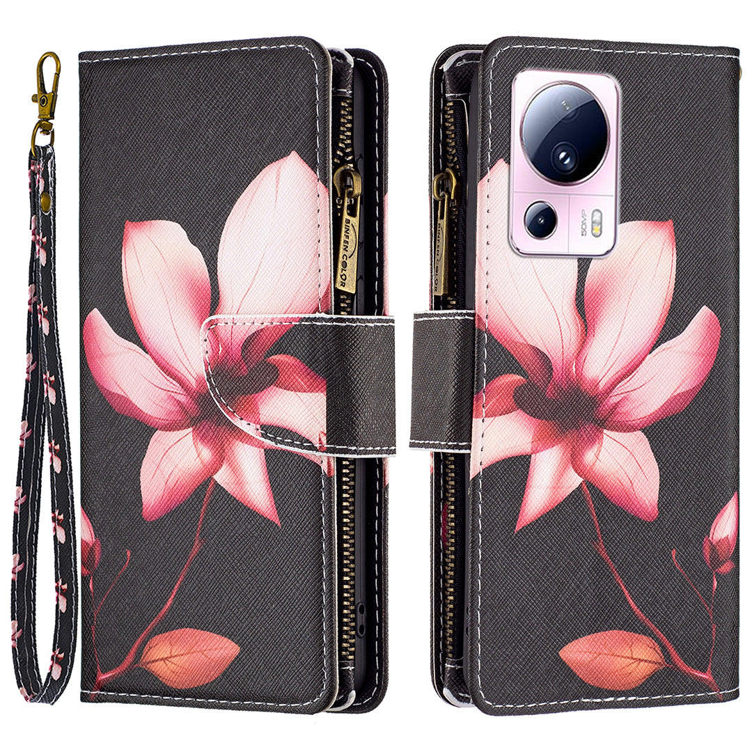 BF Pattern Printing Leather Series-4 For Xiaomi 13 Lite / Civi 2 5G Style-03 Zipper Wallet Phone Case PU Leather Stand Drop-proof Cover