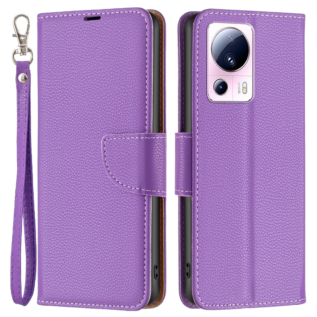 For Xiaomi 13 Lite / Civi 2 5G PU Leather Wallet Cover Litchi Texture Stand Phone Case with Strap