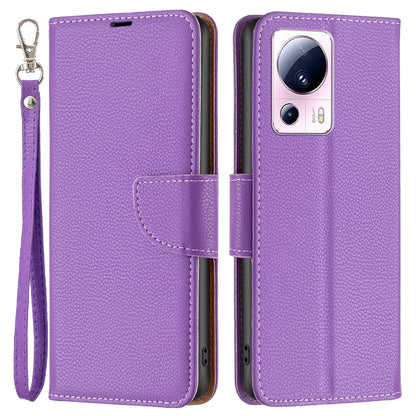 For Xiaomi 13 Lite / Civi 2 5G PU Leather Wallet Cover Litchi Texture Stand Phone Case with Strap