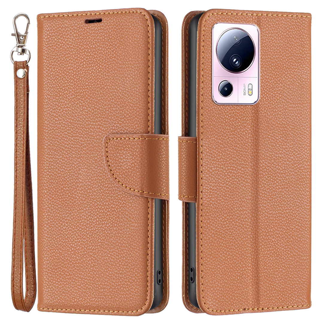 For Xiaomi 13 Lite / Civi 2 5G PU Leather Wallet Cover Litchi Texture Stand Phone Case with Strap