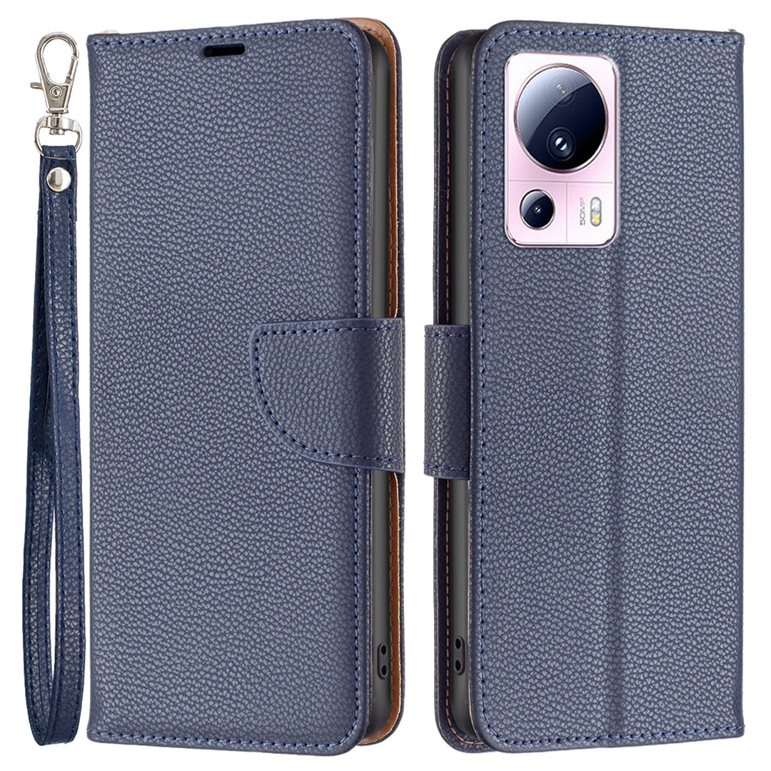 For Xiaomi 13 Lite / Civi 2 5G PU Leather Wallet Cover Litchi Texture Stand Phone Case with Strap