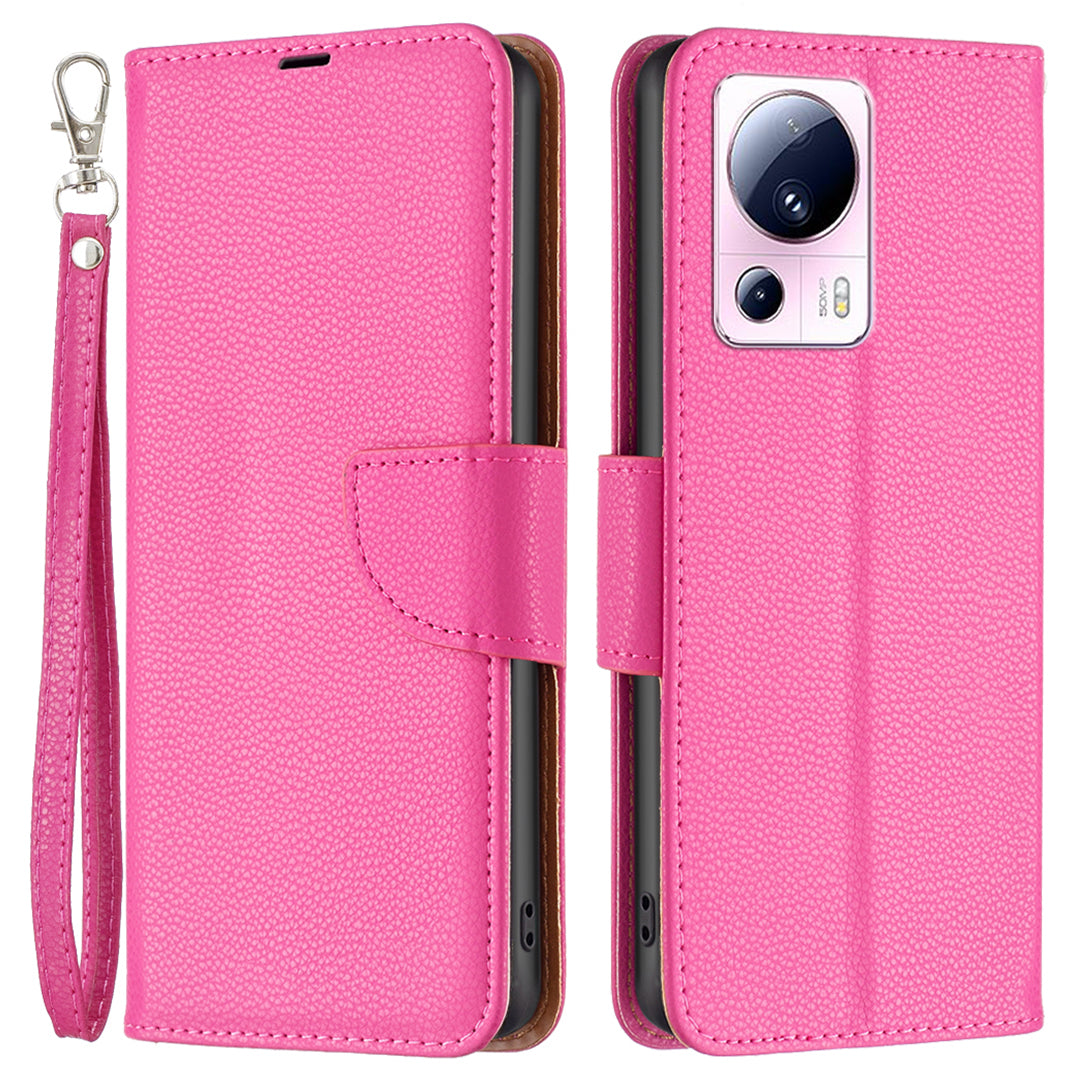 For Xiaomi 13 Lite / Civi 2 5G PU Leather Wallet Cover Litchi Texture Stand Phone Case with Strap