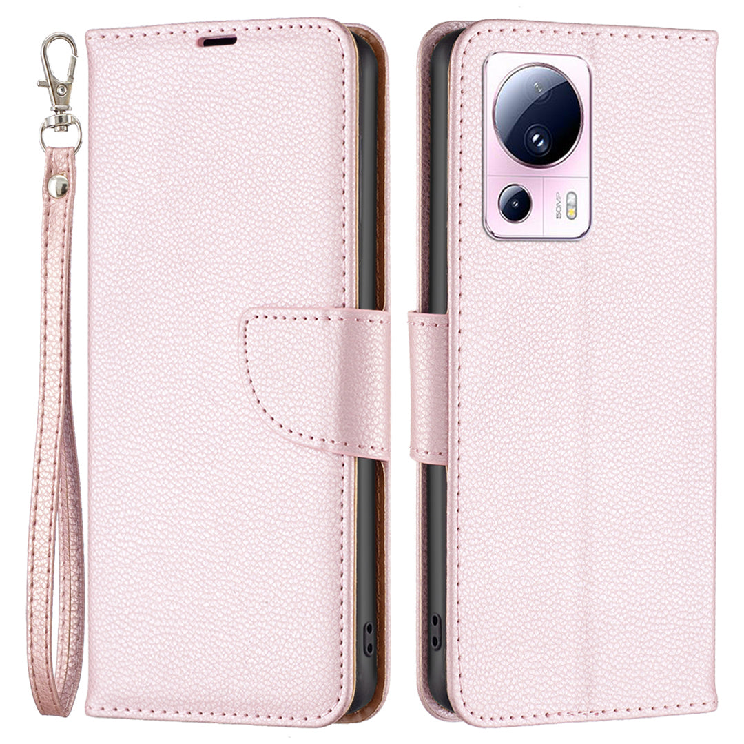 For Xiaomi 13 Lite / Civi 2 5G PU Leather Wallet Cover Litchi Texture Stand Phone Case with Strap