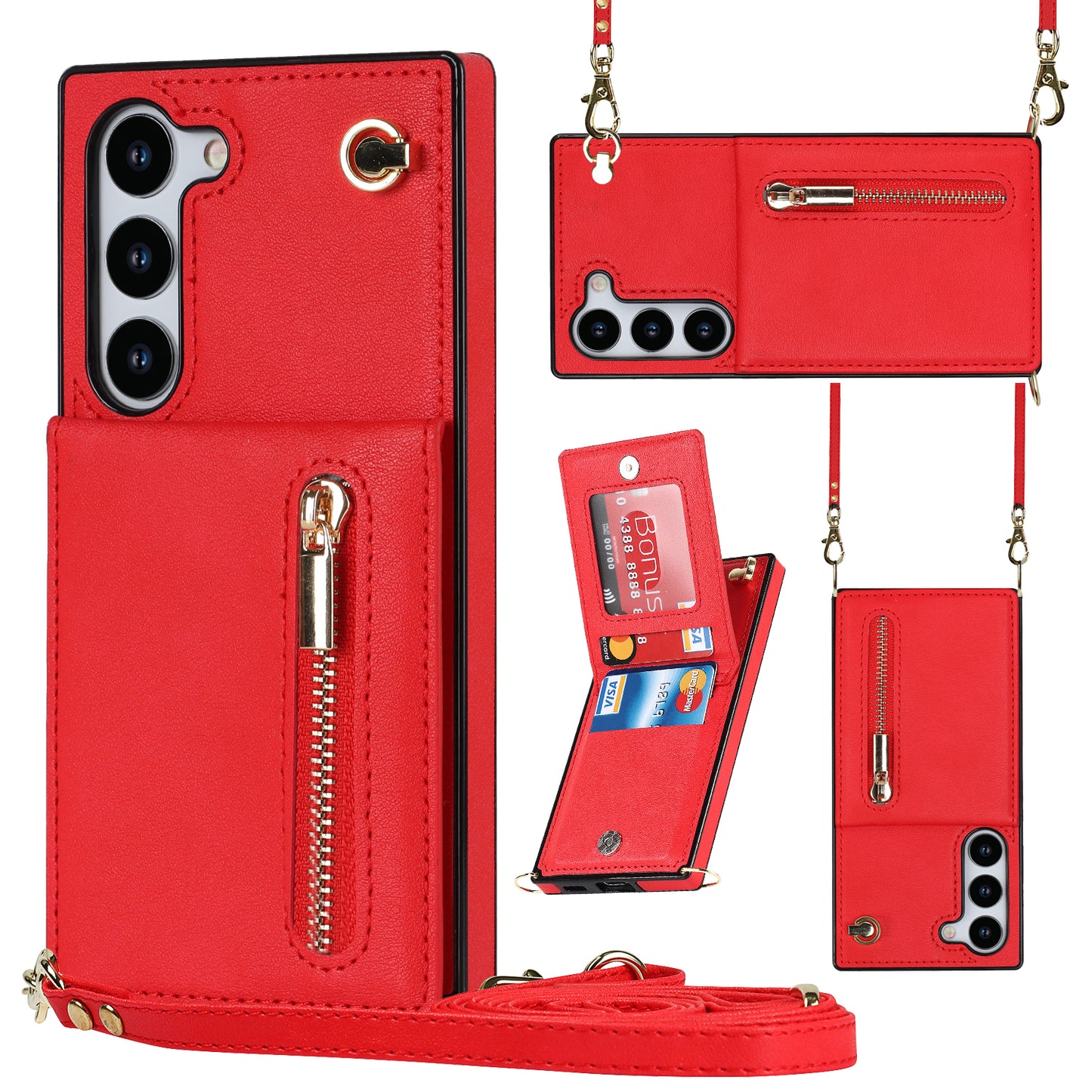 For Samsung Galaxy S23+ Zipper Wallet Phone Case Kickstand Leather+TPU Kickstand Cover with Lanyard