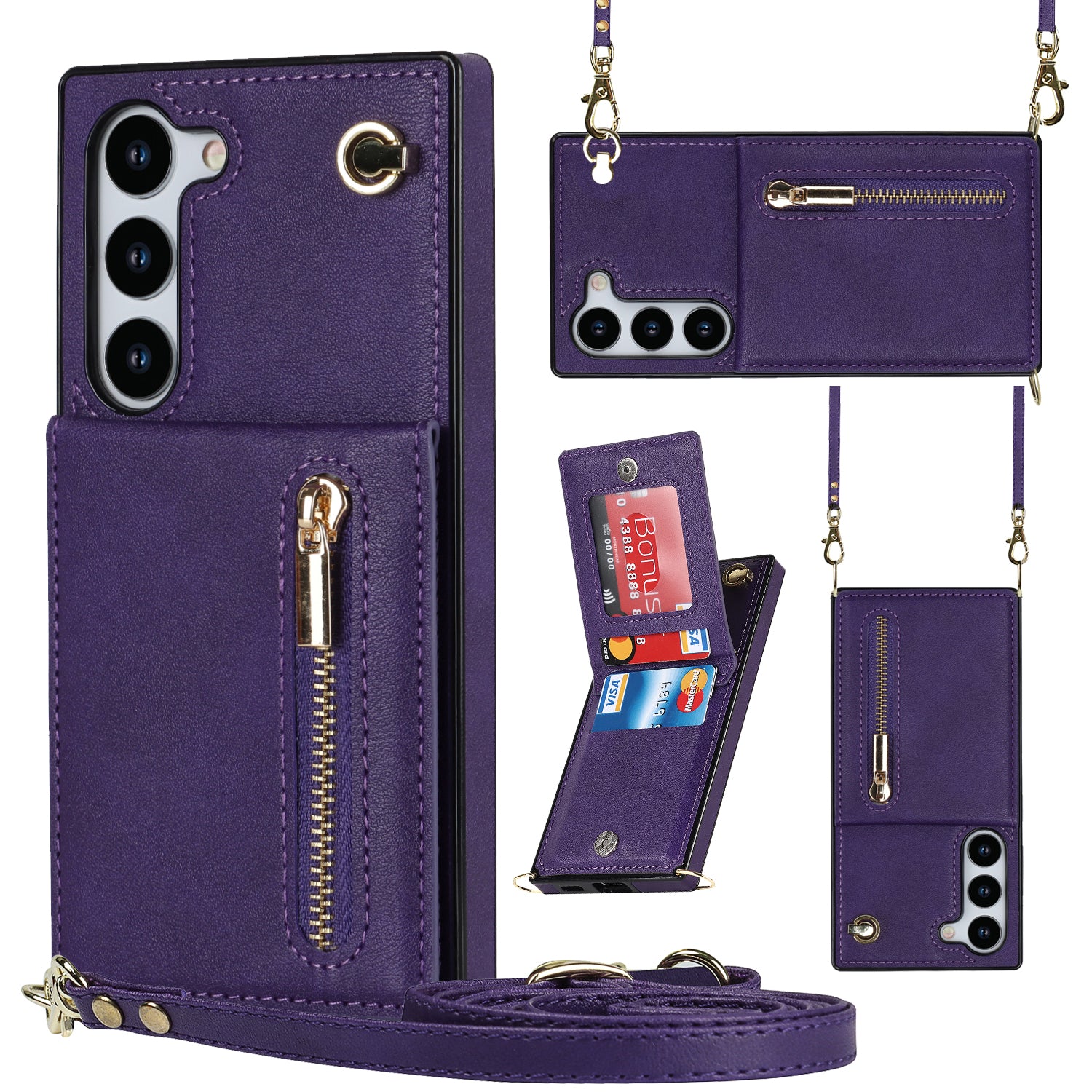 For Samsung Galaxy S23+ Zipper Wallet Phone Case Kickstand Leather+TPU Kickstand Cover with Lanyard