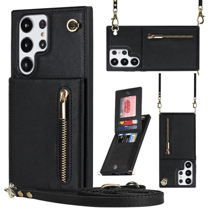 For Samsung Galaxy S23 Ultra Zipper Wallet Phone Case with Lanyard, Leather Coated TPU Phone Kickstand Cover