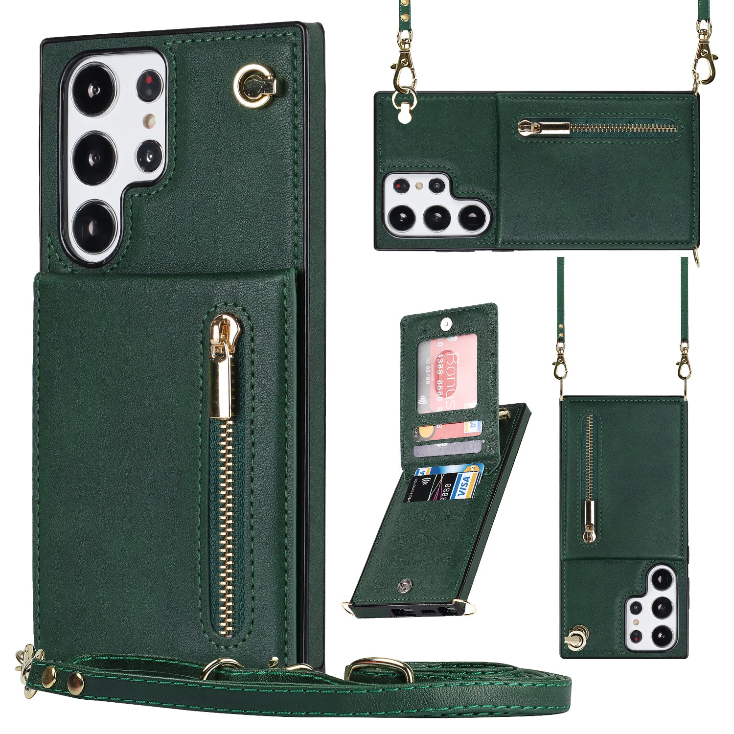 For Samsung Galaxy S23 Ultra Zipper Wallet Phone Case with Lanyard, Leather Coated TPU Phone Kickstand Cover
