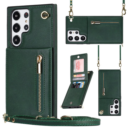 For Samsung Galaxy S23 Ultra Zipper Wallet Phone Case with Lanyard, Leather Coated TPU Phone Kickstand Cover
