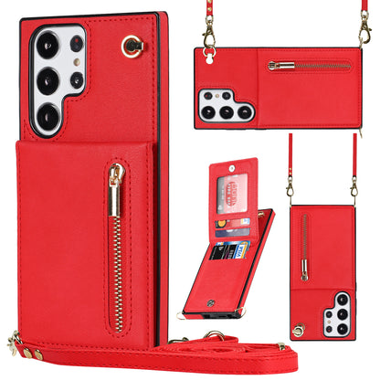For Samsung Galaxy S23 Ultra Zipper Wallet Phone Case with Lanyard, Leather Coated TPU Phone Kickstand Cover