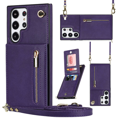 For Samsung Galaxy S23 Ultra Zipper Wallet Phone Case with Lanyard, Leather Coated TPU Phone Kickstand Cover