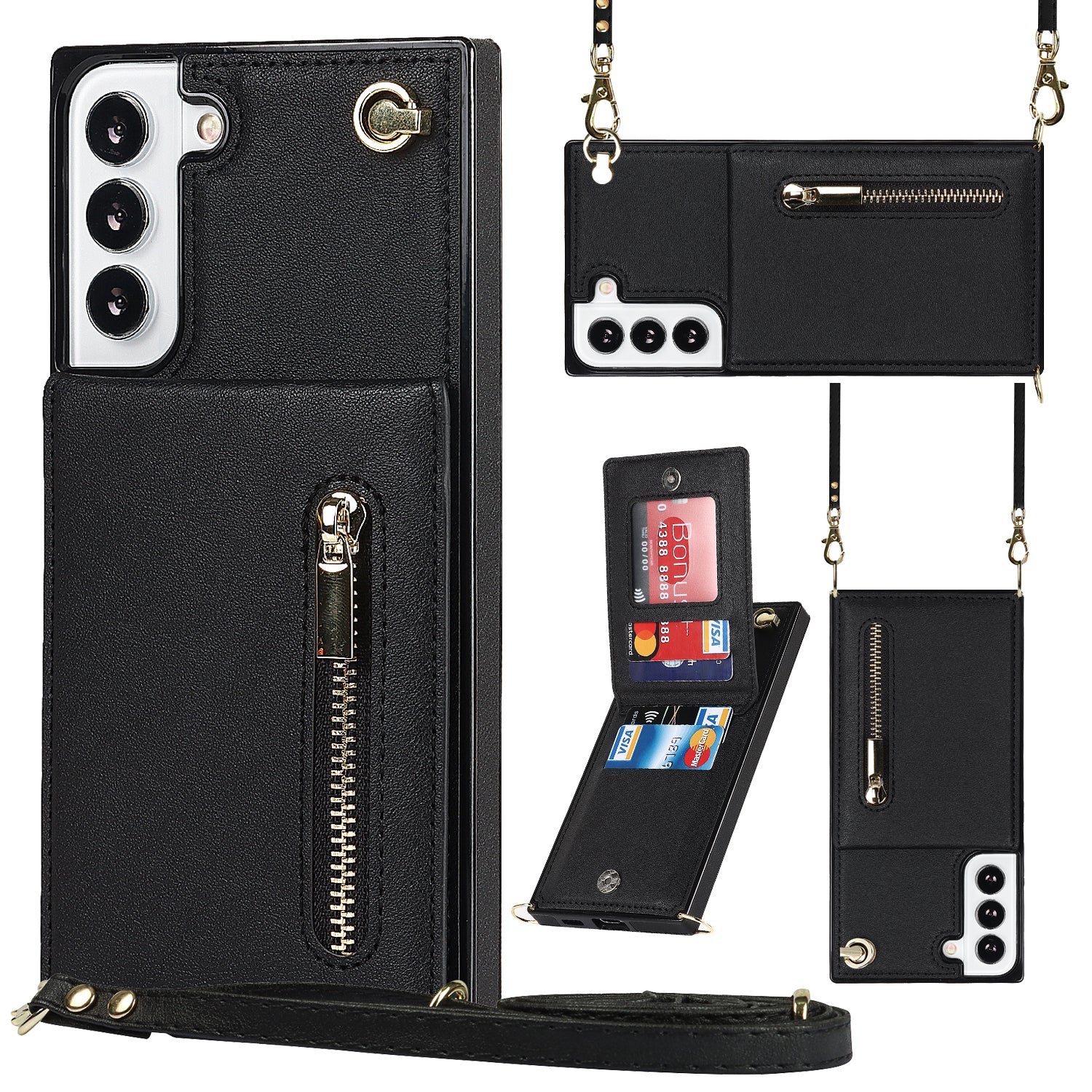 For Samsung Galaxy S22 5G Phone Cover Kickstand Zipper Wallet Leather Coated TPU Case with Shoulder Strap