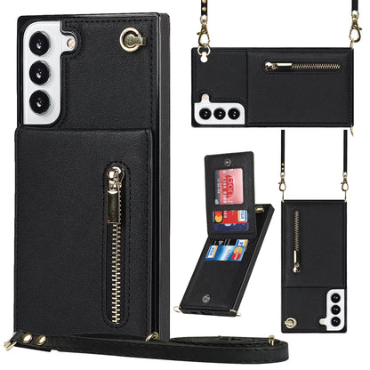 For Samsung Galaxy S22 5G Phone Cover Kickstand Zipper Wallet Leather Coated TPU Case with Shoulder Strap