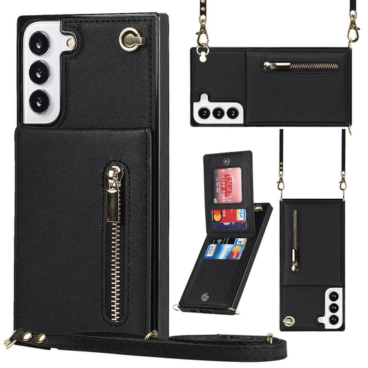 For Samsung Galaxy S22 5G Phone Cover Kickstand Zipper Wallet Leather Coated TPU Case with Shoulder Strap
