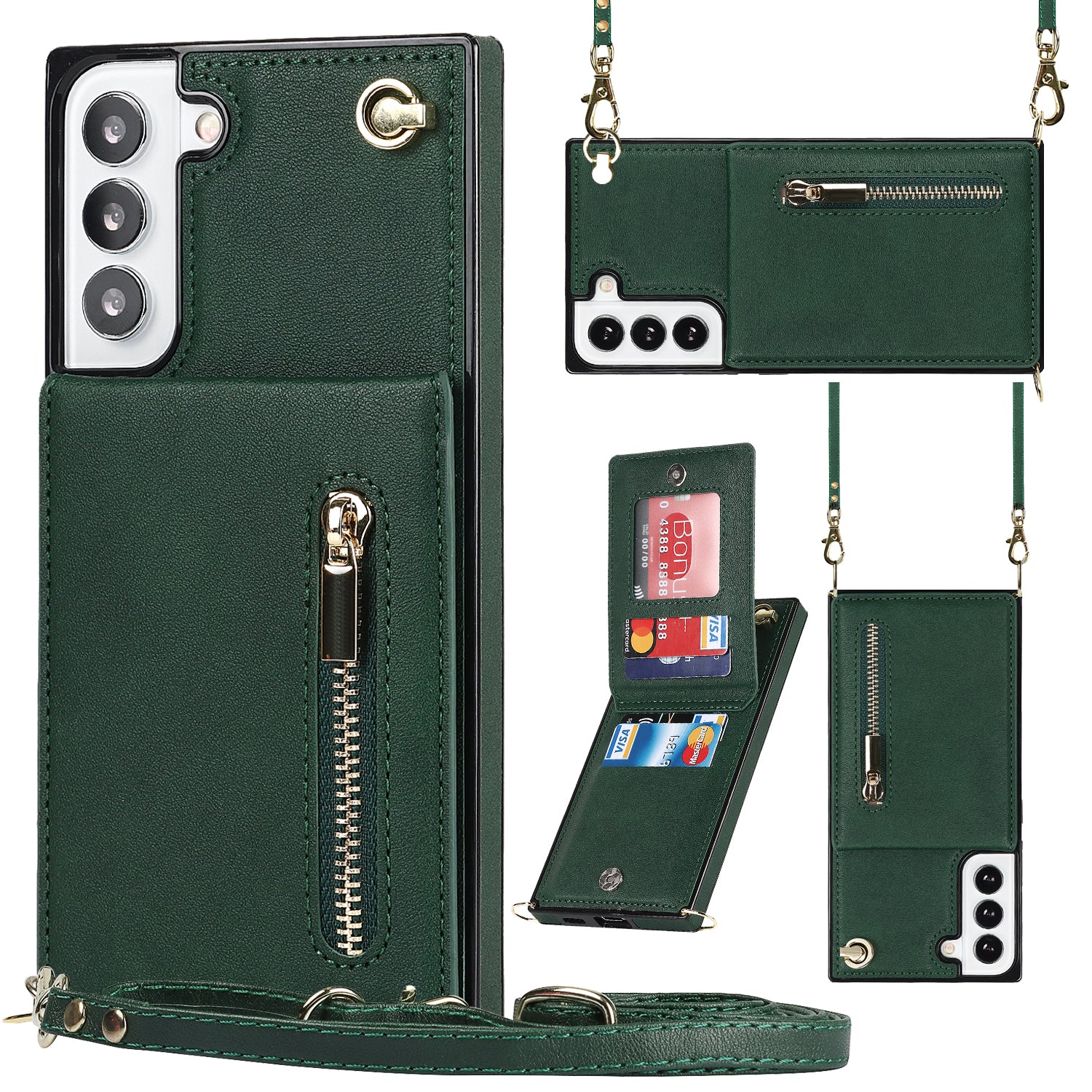 For Samsung Galaxy S22 5G Phone Cover Kickstand Zipper Wallet Leather Coated TPU Case with Shoulder Strap