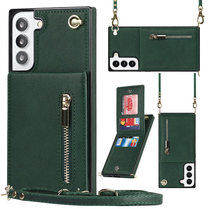 For Samsung Galaxy S22 5G Phone Cover Kickstand Zipper Wallet Leather Coated TPU Case with Shoulder Strap