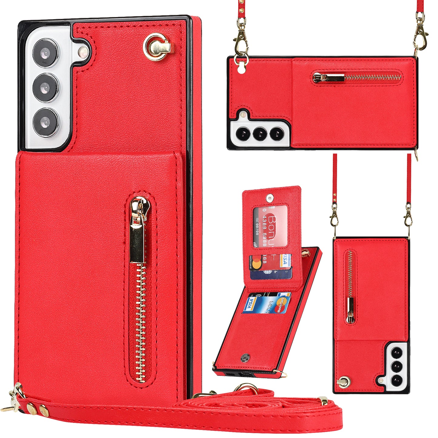 For Samsung Galaxy S22 5G Phone Cover Kickstand Zipper Wallet Leather Coated TPU Case with Shoulder Strap