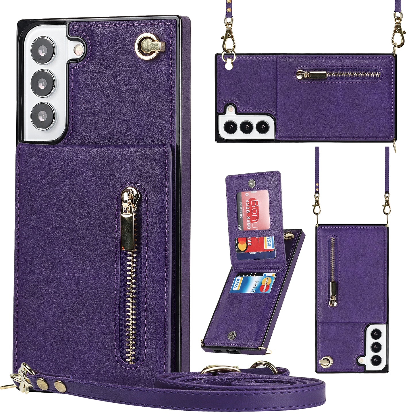 For Samsung Galaxy S22 5G Phone Cover Kickstand Zipper Wallet Leather Coated TPU Case with Shoulder Strap