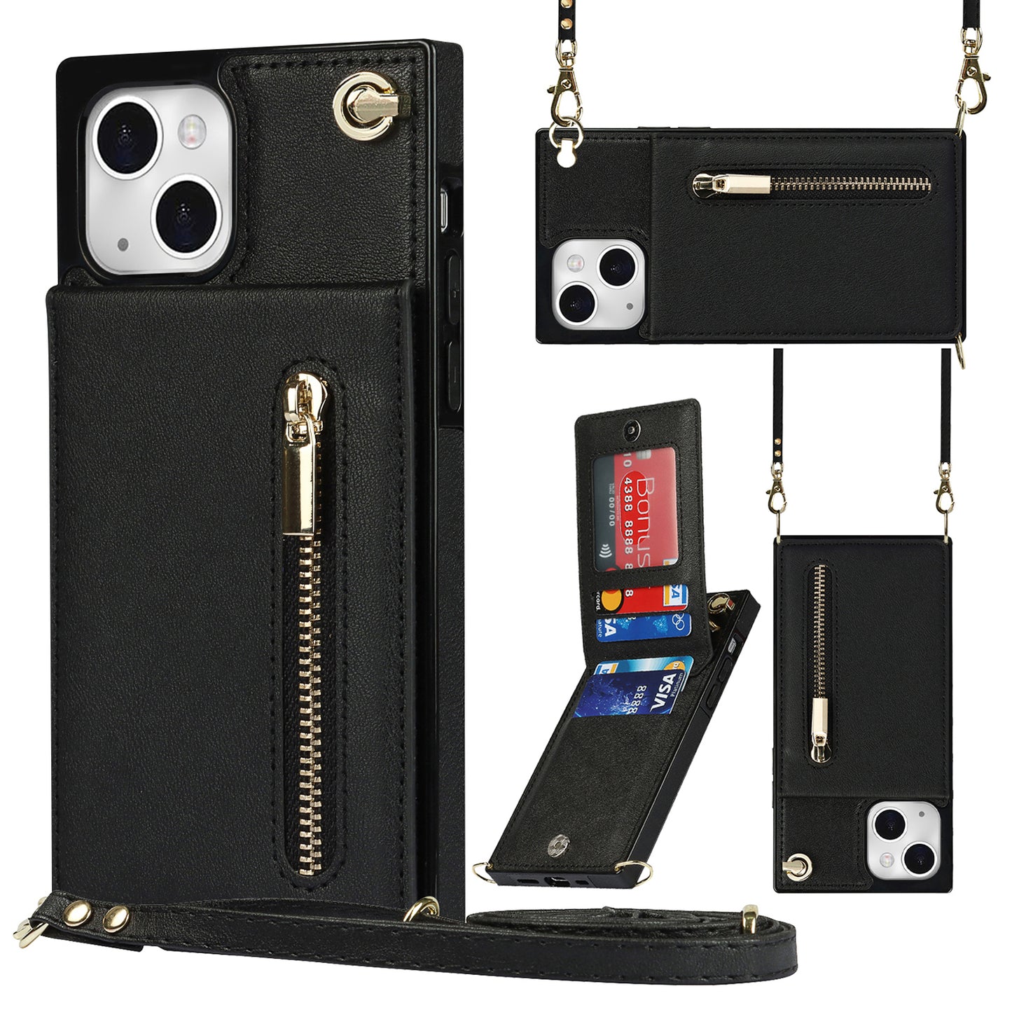 Kickstand Phone Cover for iPhone 14 Plus Leather Coated TPU Zipper Wallet Phone Case with Shoulder Strap