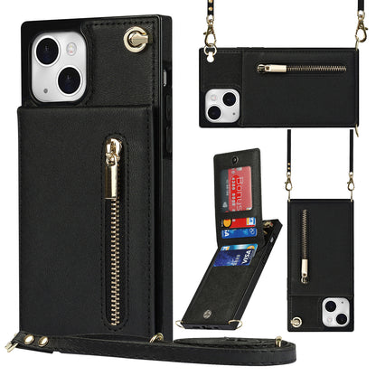 Kickstand Phone Cover for iPhone 14 Plus Leather Coated TPU Zipper Wallet Phone Case with Shoulder Strap