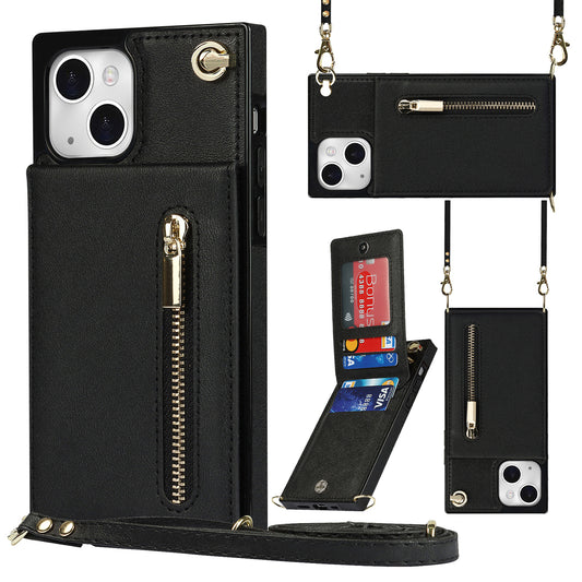 Kickstand Phone Cover for iPhone 14 Plus Leather Coated TPU Zipper Wallet Phone Case with Shoulder Strap
