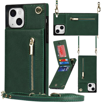 Kickstand Phone Cover for iPhone 14 Plus Leather Coated TPU Zipper Wallet Phone Case with Shoulder Strap