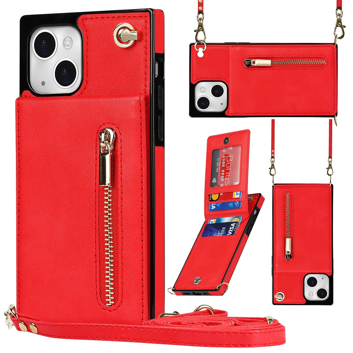 Kickstand Phone Cover for iPhone 14 Plus Leather Coated TPU Zipper Wallet Phone Case with Shoulder Strap