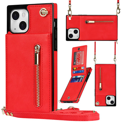 Kickstand Phone Cover for iPhone 14 Plus Leather Coated TPU Zipper Wallet Phone Case with Shoulder Strap
