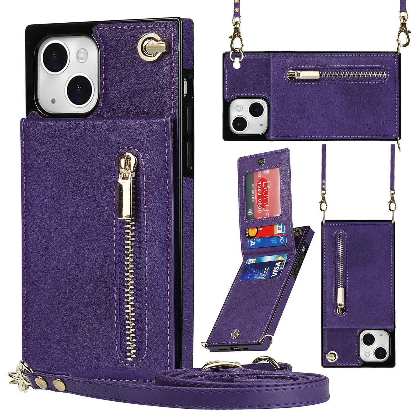 Kickstand Phone Cover for iPhone 14 Plus Leather Coated TPU Zipper Wallet Phone Case with Shoulder Strap